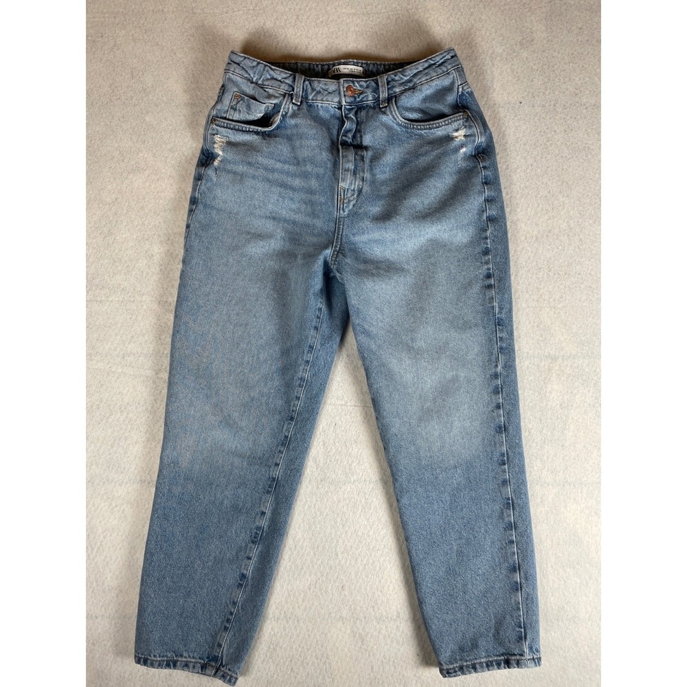 Zara Womens High Waisted Mom‎ Jeans Blue Medium Wash Tapered Size 10 US